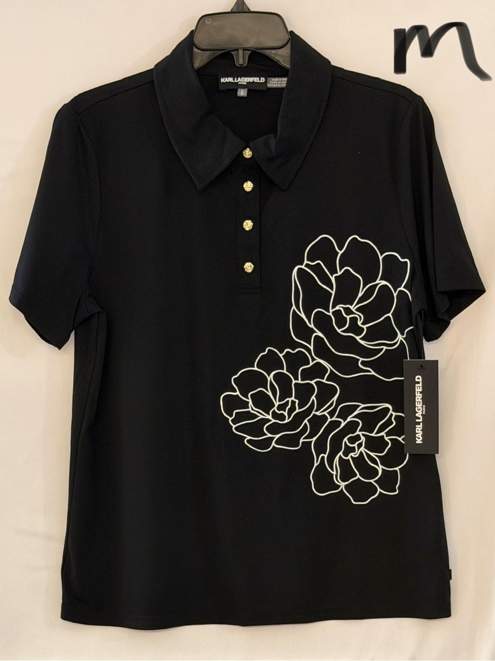 Karl Lagerfeld Black Short-Sleeve Polo with White Floral Outline